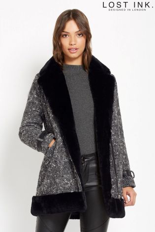 Lost Ink Tweed Fur Lined Coat